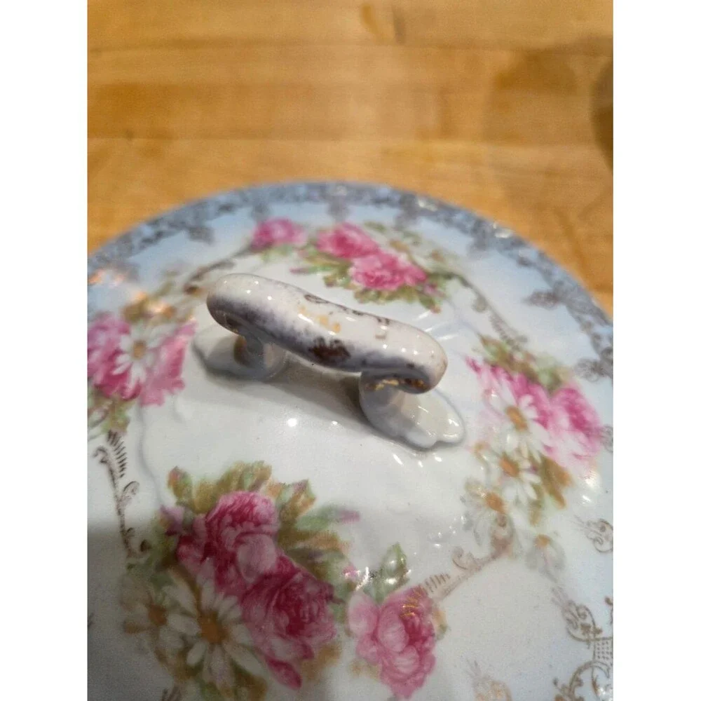 Antique Elbogen Austria Porcelain Sugar Bowl Pink Roses Gold Gilt Vanity Dish